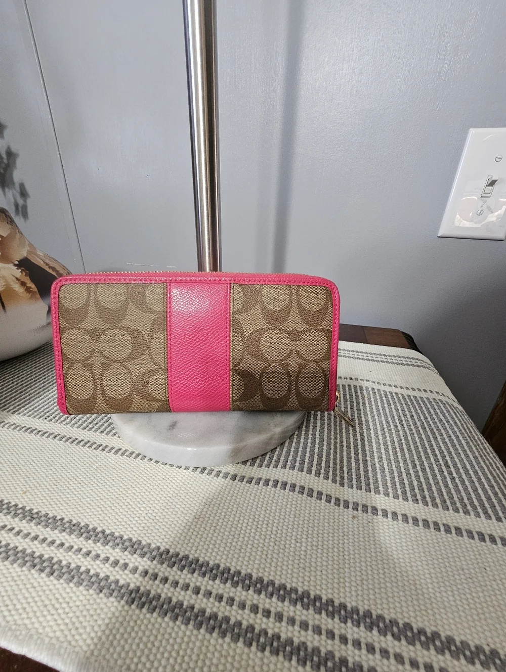 Coach Signature Canvas Wristlet with Pink Trim